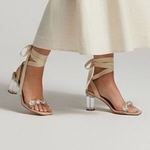 Womens Clear Block Heel Lace Up Ribbon Sandals Beige Floral Embellished 40/9-9.5